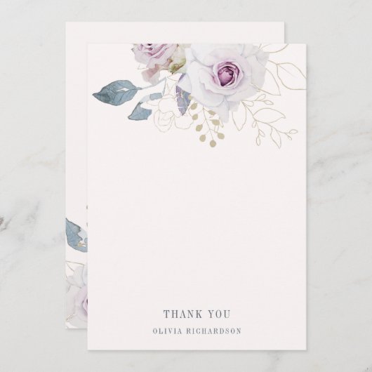 赤面のピンクおよび柔らかいすみれ色の花柄 サンキューカード (正面/裏面)
