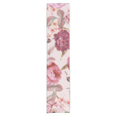 赤面のピンクおよび赤い水彩画の花柄のバラ ショートテーブルランナー (正面)