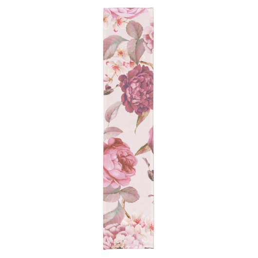 赤面のピンクおよび赤い水彩画の花柄のバラ ショートテーブルランナー (正面)