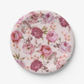 赤面のピンクおよび赤い水彩画の花柄のバラ ペーパープレート (正面)