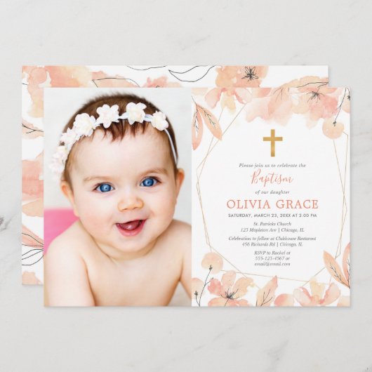 赤面のピンクおよび金ゴールドのエレガントな花の洗礼の写真 招待状 (正面/裏面)