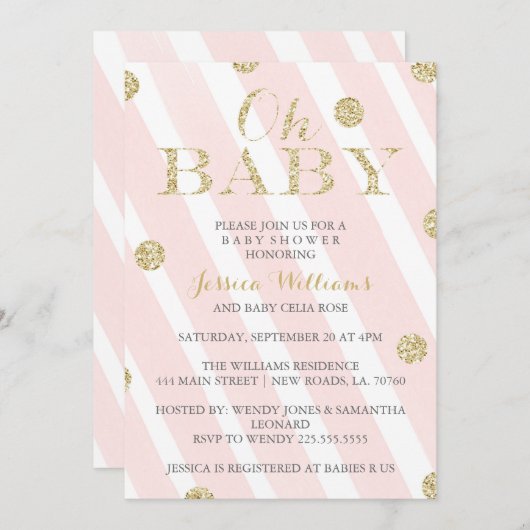 赤面のピンクおよび金ゴールドのベビーシャワー招待状 招待状 (正面/裏面)