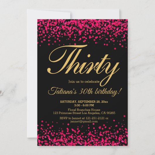赤面のピンクおよび黒いバラの金ゴールドのグリッターの誕生日 招待状 (正面)
