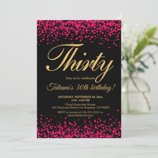赤面のピンクおよび黒いバラの金ゴールドのグリッターの誕生日 招待状 (スタンド正面)