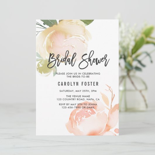 赤面のピンクのアイボリーのシャクヤクのブライダルシャワーの招待状 招待状 (スタンド正面)