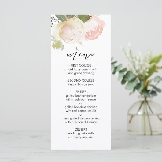赤面のピンクのアイボリーのシャクヤクの結婚式メニュー メニュー (スタンド正面)