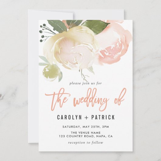 赤面のピンクのアイボリーのシャクヤクの結婚式招待状 招待状 (正面)