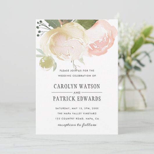 赤面のピンクのアイボリーのシャクヤクの結婚式招待状 招待状 (スタンド正面)