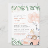 赤面のピンクのカーサファリ動物がベビーシャワーで運転 招待状 (正面)