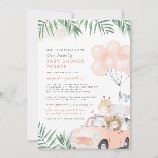 赤面のピンクのカーサファリ動物がベビーシャワーで運転 招待状 (正面)