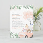 赤面のピンクのカーサファリ動物がベビーシャワーで運転 招待状 (スタンド正面)