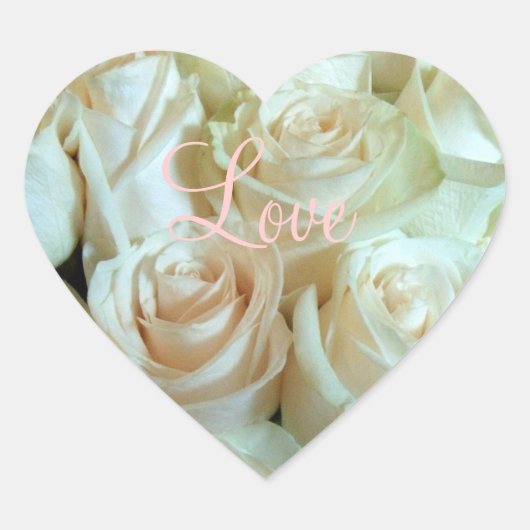 赤面のピンクのバラ"愛! 花!" ハート ハートシール (正面)
