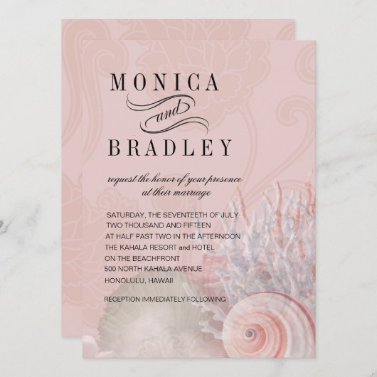 赤面のピンクのビーチ結婚式|の貝殻の夢 招待状 (正面/裏面)