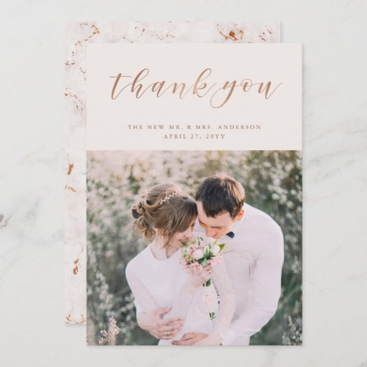 赤面のピンクの大理石|の結婚の写真は感謝していしています サンキューカード (正面/裏面)