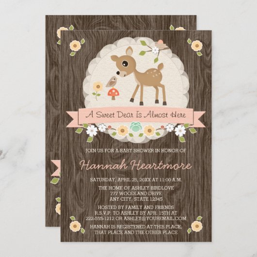 赤面のピンクの森林シカのベビーシャワー 招待状 (正面/裏面)