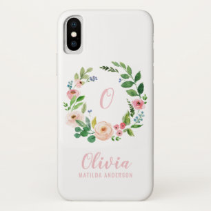 赤面のピンクの水彩画の花のリース iPhone X ケース