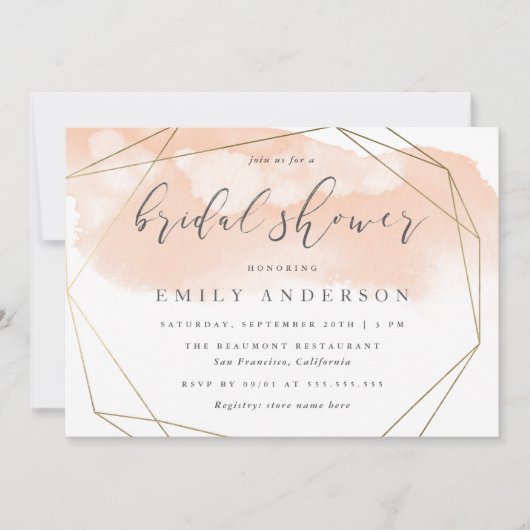 赤面のピンクの水彩画の金ゴールドのエレガントなブライダルシャワー 招待状 (正面)