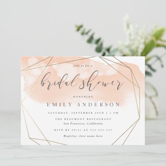 赤面のピンクの水彩画の金ゴールドのエレガントなブライダルシャワー 招待状 (スタンド正面)