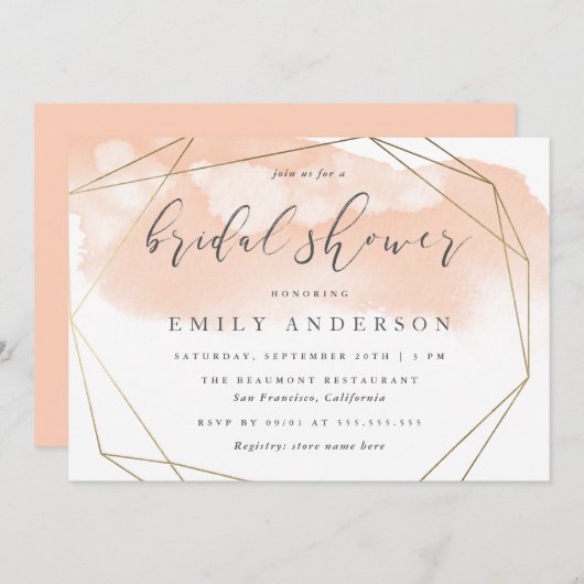 赤面のピンクの水彩画の金ゴールドのエレガントなブライダルシャワー 招待状 (正面/裏面)