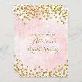 赤面のピンクの水彩画の金ゴールドの紙吹雪のブライダルシャワー 招待状 (正面/裏面)