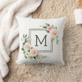 赤面のピンクの水彩画の開花のモノグラム クッション (ブランケット)