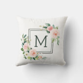 赤面のピンクの水彩画の開花のモノグラム クッション (裏面)