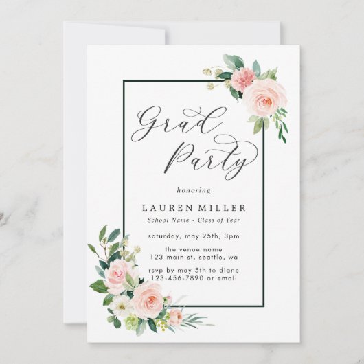 赤面のピンクの水彩画の開花の卒業パーティー 招待状 (正面)