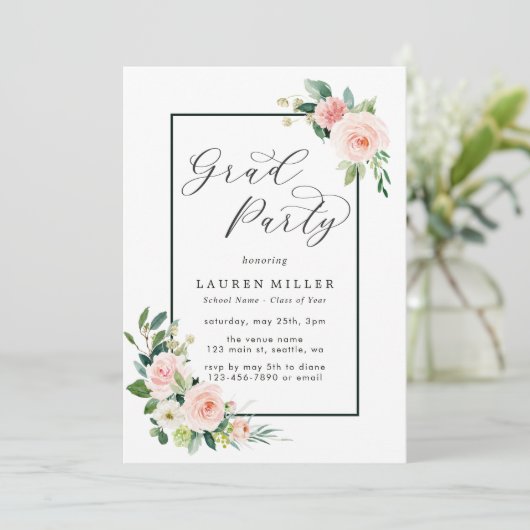 赤面のピンクの水彩画の開花の卒業パーティー 招待状 (スタンド正面)