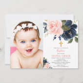 赤面のピンクの濃紺の花の女の子の洗礼の写真 招待状 (正面)