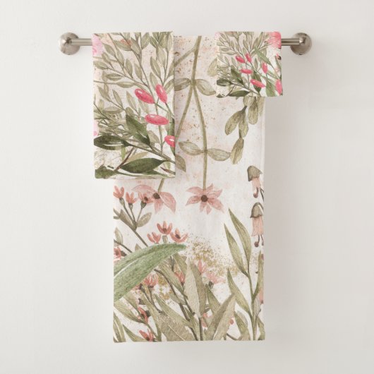赤面のピンクの珊瑚の深緑色の水彩画の花柄 バスタオルセット (インサイチュ)