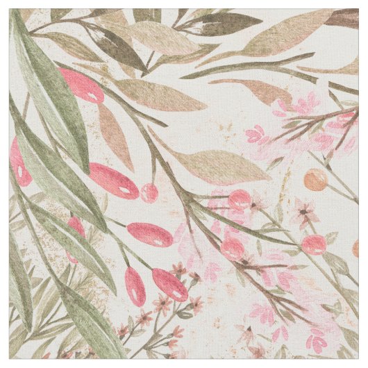 赤面のピンクの珊瑚の深緑色の水彩画の花柄 ファブリック (クローズアップ)