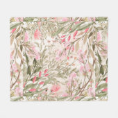 赤面のピンクの珊瑚の深緑色の水彩画の花柄 フリースブランケット (正面(横))