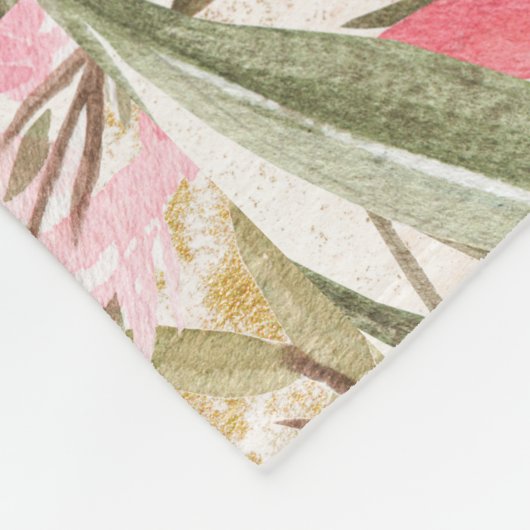 赤面のピンクの珊瑚の深緑色の水彩画の花柄 フリースブランケット (角)