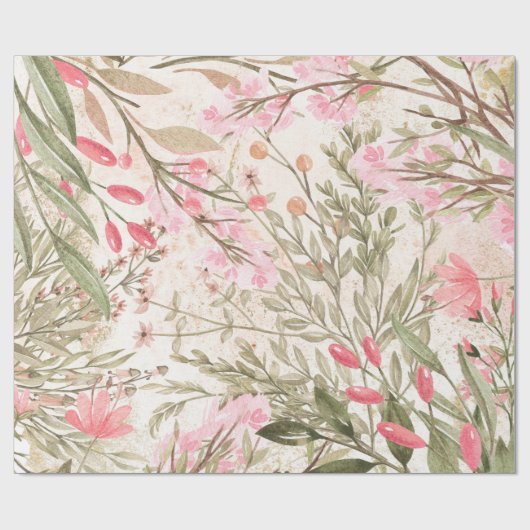 赤面のピンクの珊瑚の深緑色の水彩画の花柄 ラッピングペーパー (フラット)