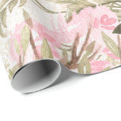 赤面のピンクの珊瑚の深緑色の水彩画の花柄 ラッピングペーパー (ロールコーナー)
