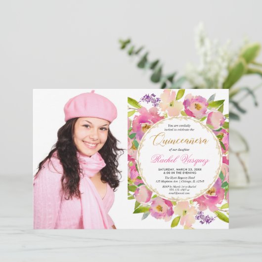 赤面のピンクの珊瑚の金ゴールドの花のキンセアニェラの写真 招待状 (スタンド正面)