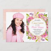 赤面のピンクの珊瑚の金ゴールドの花のキンセアニェラの写真 招待状 (正面/裏面)