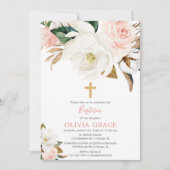 赤面のピンクの白い花の素朴な女の子の洗礼 招待状 (正面)