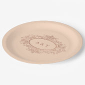 赤面のピンクの結婚式のモノグラムの魅力的なのどのばら色の金ゴールド ペーパープレート (アングル)