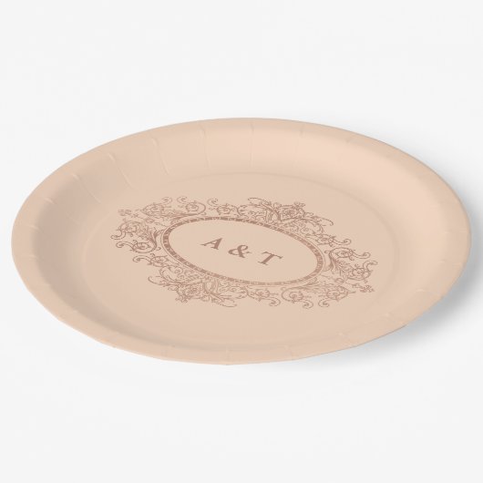 赤面のピンクの結婚式のモノグラムの魅力的なのどのばら色の金ゴールド ペーパープレート (アングル)