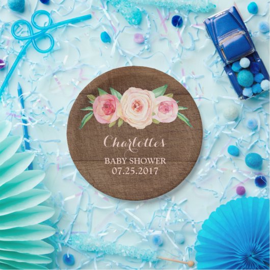 赤面のピンクの花の木製のベビーシャワーのプレート ペーパープレート (パーティー)