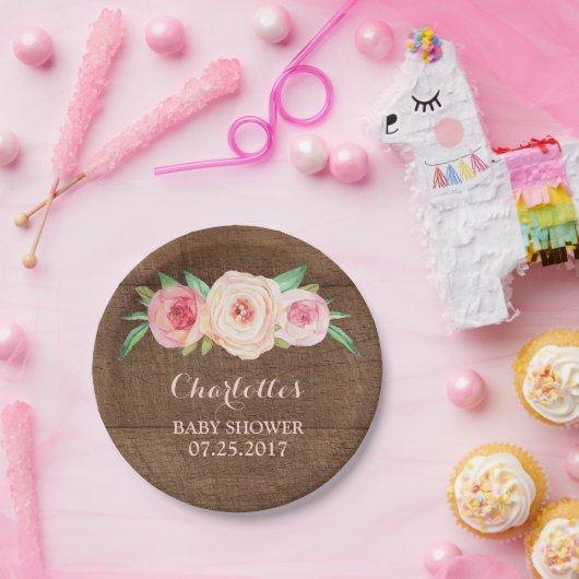 赤面のピンクの花の木製のベビーシャワーのプレート ペーパープレート (パーティー)