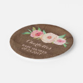 赤面のピンクの花の木製のベビーシャワーのプレート ペーパープレート (アングル)