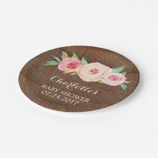 赤面のピンクの花の木製のベビーシャワーのプレート ペーパープレート (アングル)