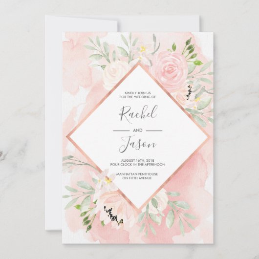 赤面のピンクの花の水彩画の結婚式招待状 招待状 (正面)