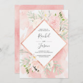 赤面のピンクの花の水彩画の結婚式招待状 招待状 (正面/裏面)