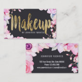 赤面のピンクの花柄および黒い金ゴールドのメーキャップアーティスト 名刺 (正面/裏面)