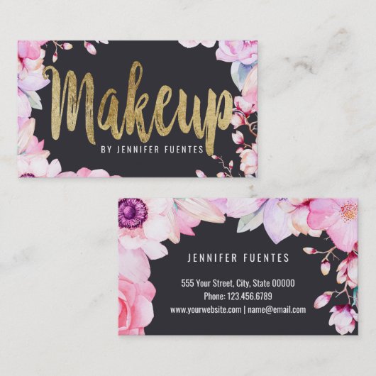 赤面のピンクの花柄および黒い金ゴールドのメーキャップアーティスト 名刺 (正面/裏面)