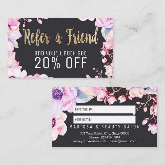 赤面のピンクの花柄および黒い金ゴールドのロイヤリティの紹介 紹介カード (正面/裏面)