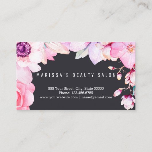 赤面のピンクの花柄および黒い金ゴールドの名刺 名刺 (裏面)